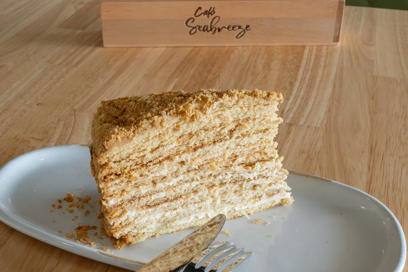 Slice of layered crepe cake